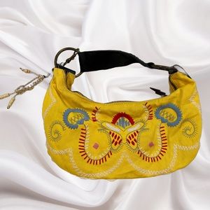 Betsy Johnson Betseyville Yellow Fabric Embroidered Shoulder Bag Leather Strap